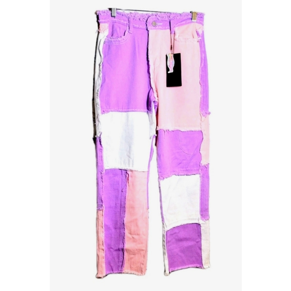 Patchwork Straight Leg Jeans Women's High Rise Frayed Size M Grunge Streetwear